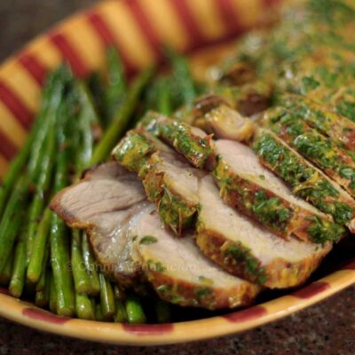 Roast pork loin with mustard and thyme