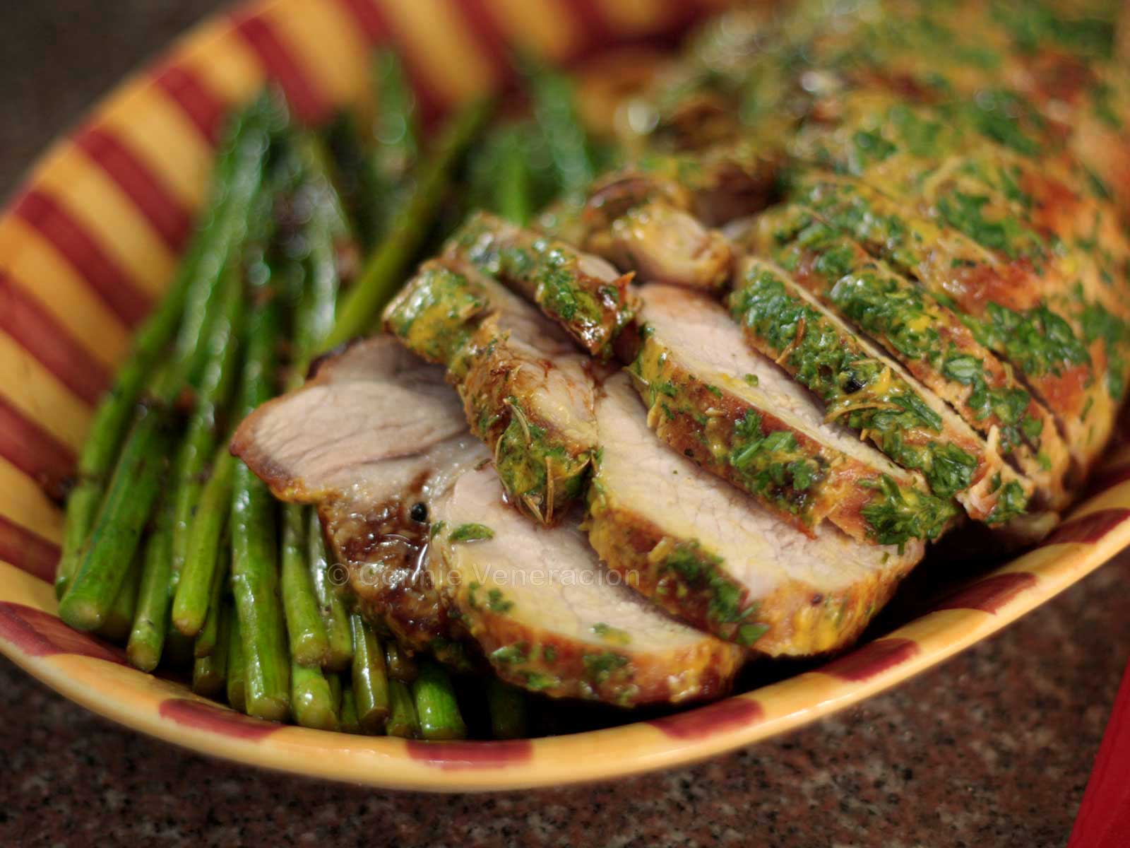Roast pork loin with mustard and thyme