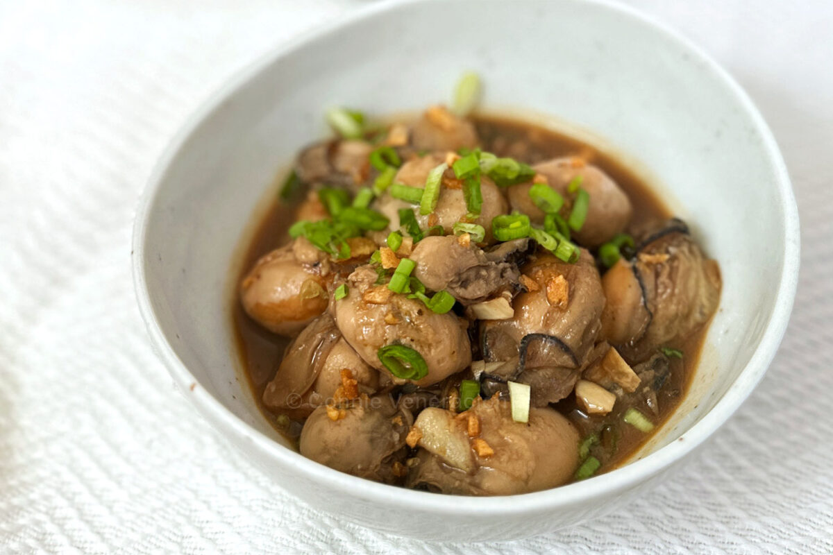 Oysters adobo with fried garlic and scallions