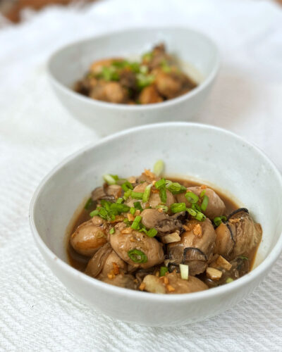 Oysters adobo with fried garlic and scallions