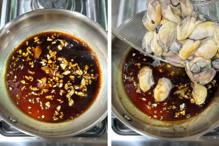 Adding shucked oysters to adobo sauce