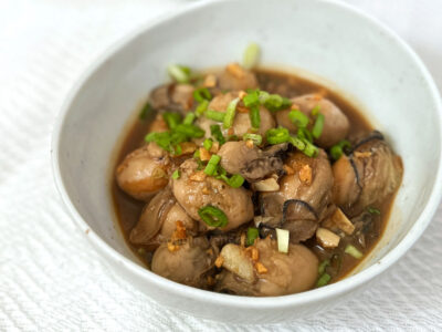 Oysters adobo with fried garlic and scallions