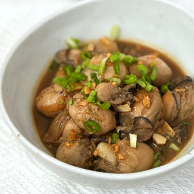 Oysters adobo with fried garlic and scallions