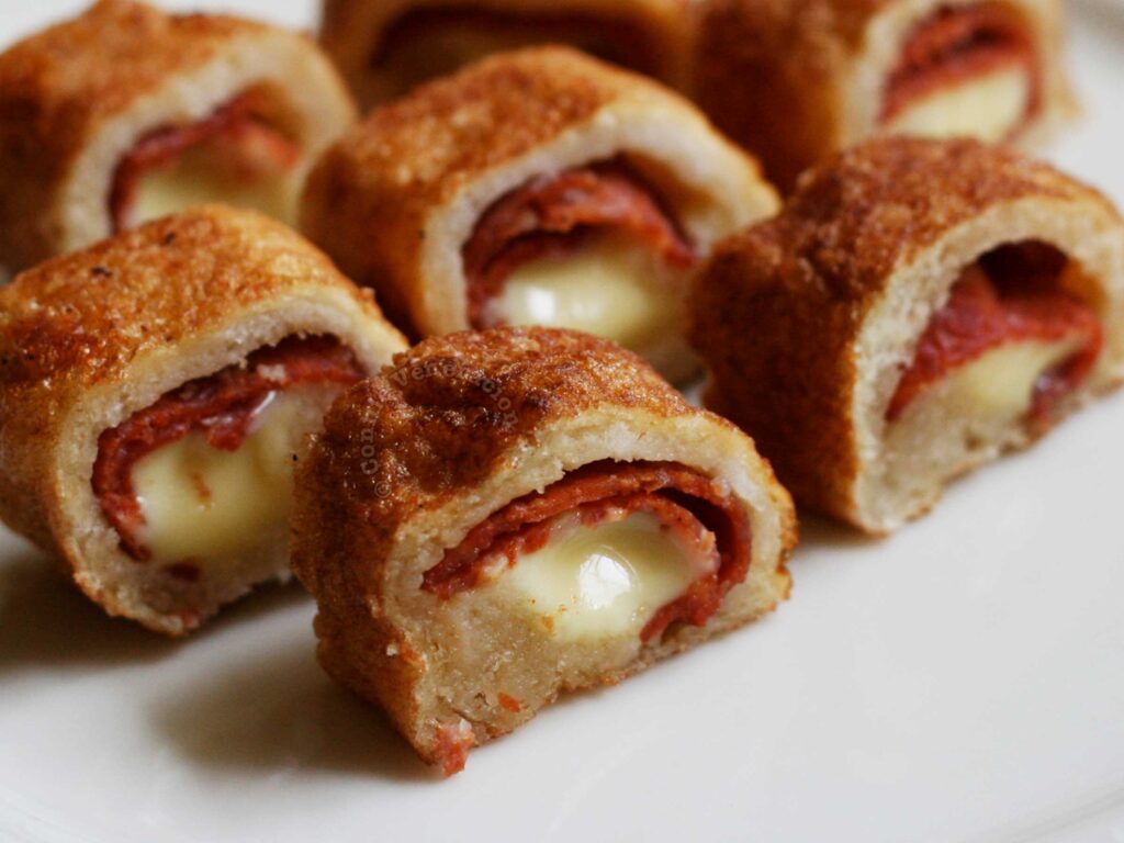Rolled bread stuffed with pepperoni and cheese