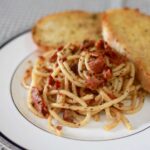 Spaghetti aglio e olio with bacon and Hungarian sausage