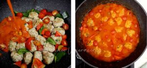 Cooking albondigas (Spanish-style meatball) with tomatoes and bell peppers soup