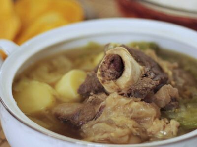 Boiled beef shank, marrow and vegetable soup (bulalo)