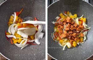 Sauteeing squash, bell pepper, onion and chorizo