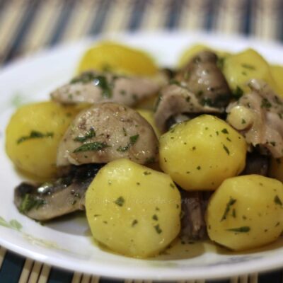 Chicken, baby potatoes and fresh mushroom salad
