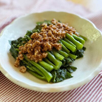 Blanched Chinese broccoli with ground pork adobo