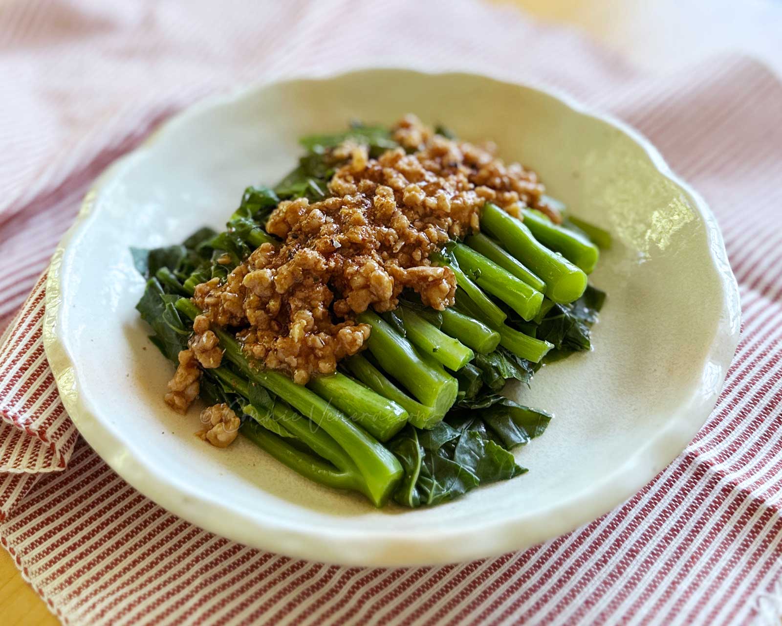 Blanched Chinese broccoli with ground pork adobo