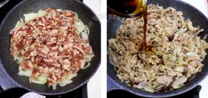 Adding beef and seasoning to softened onion slices