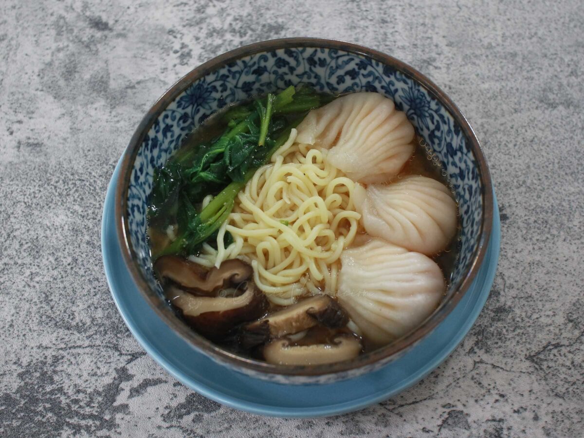 Miso ramen with shrimp wonton and shiitake