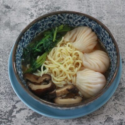 Miso ramen with shrimp wonton and shiitake