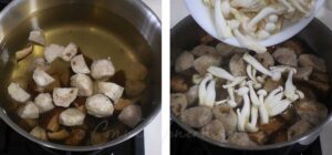 Dropping mushrooms into hot dashi