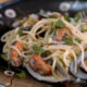 2-cheese spaghetti and fresh mussels in white wine sauce