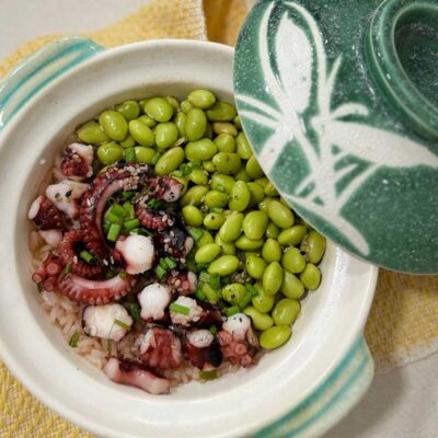 Claypot rice with octopus and edamame
