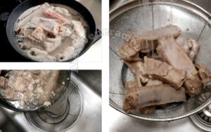 Parboiling pork ribs and rinsing