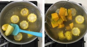 Boiling corn and squash in pork broth