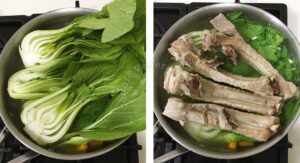 Adding bok choy and tender pork ribs to pot