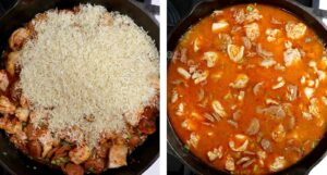 Cooking rice and broth in pan