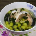 Salmon, papaya and moringa (malunggay) leaves soup