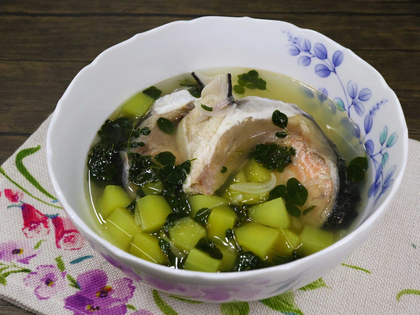 Salmon, papaya and moringa (malunggay) leaves soup