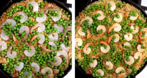 Shrimps and peas over rice in pan
