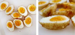 Halved deep fried hard boiled eggs