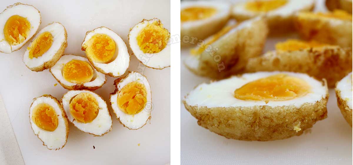 Halved deep fried hard boiled eggs