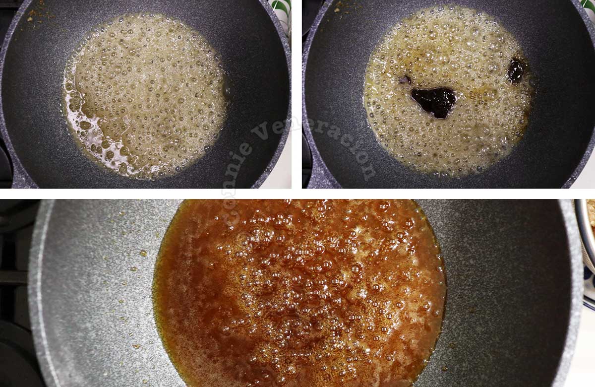 Boiling vinegar and sugar for sweet sour sauce