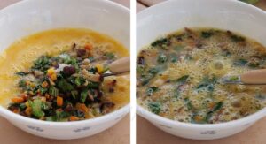 Stirring sauteed mushrooms, spices and herbs into beaten eggs