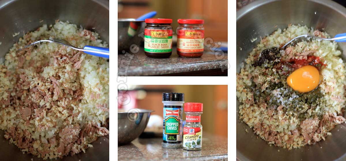Making Tuna and tofu spring rolls filling