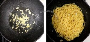 Stir frying garlic and noodles