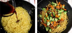 Seasoning noodles in wok