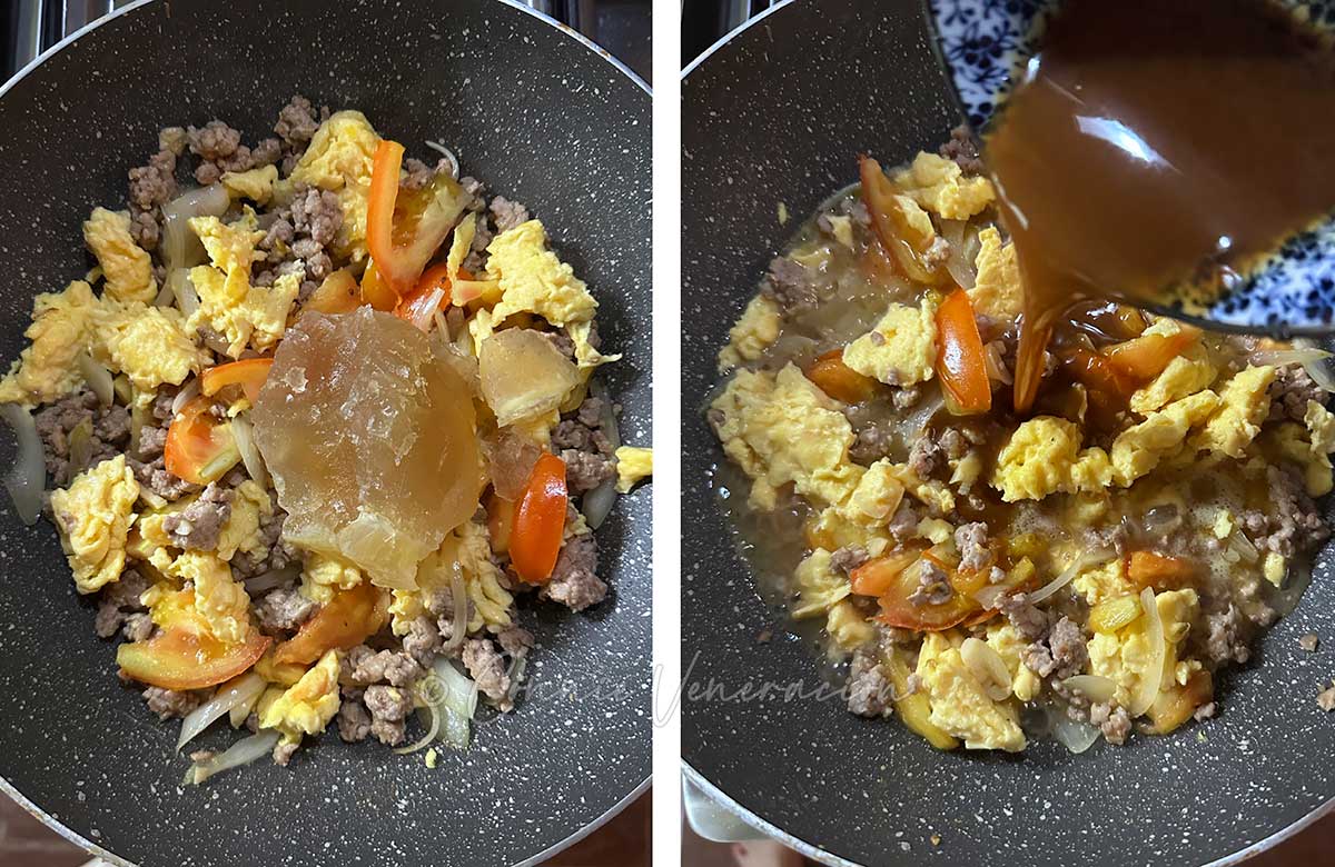 Adding bone broth and sauce to ground pork and tomatoes in pan