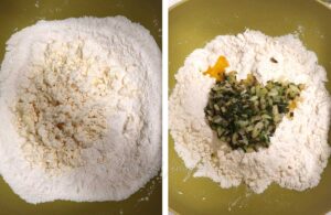 Mixing cheese and green onion with flour