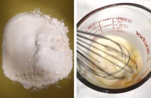 Wet and dry ingredients for Green onion and feta breakfast muffins