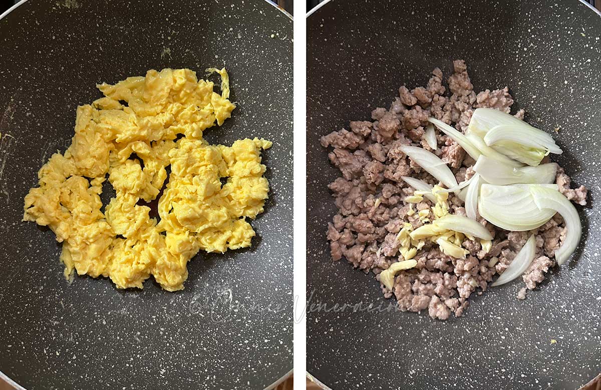 Scrambled eggs / browned ground pork