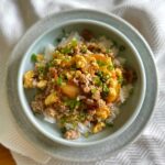 Scrambled eggs with pork, tomato and sticky sauce