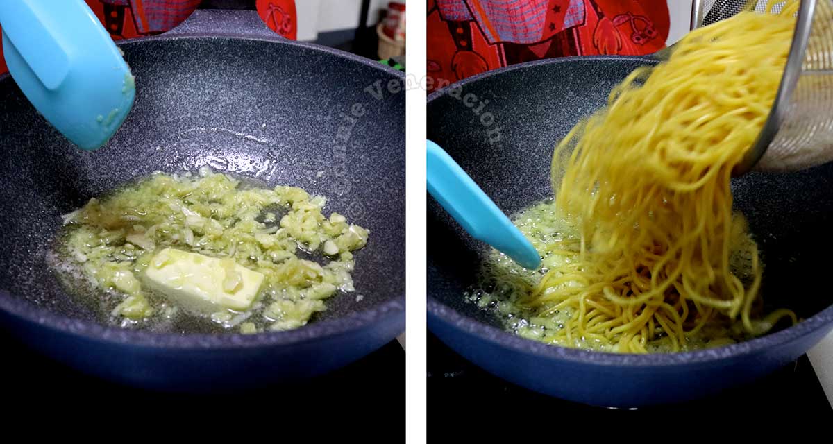 Sauteeing garlic in butter / adding cooked noodles
