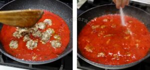 Adding meatballs to tomato sauce