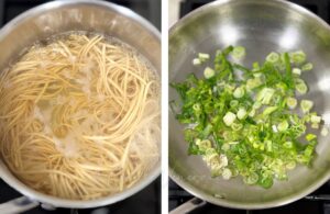 Boiling noodles / sauteeing scallions