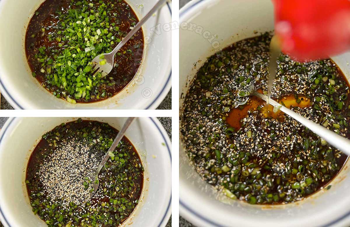 Adding scallions and sesame seeds to sauce