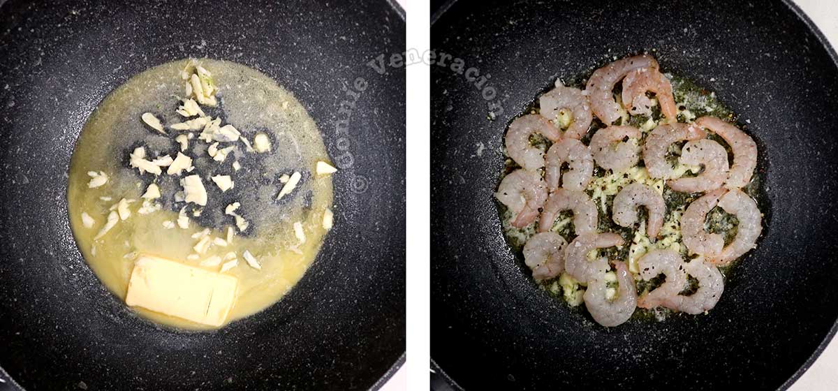 Sauteeing garlic and shrimps