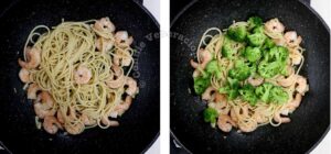 Tossing noodles and broccoli with shrimps