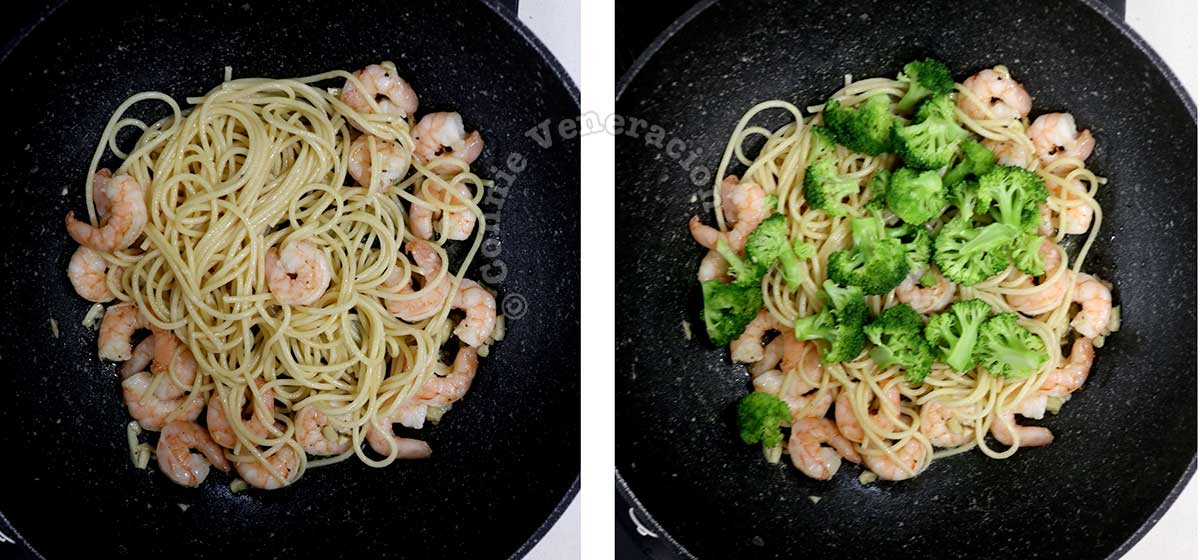 Tossing noodles and broccoli with shrimps