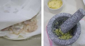 Drying shrimps with paper towels / crushing garlic