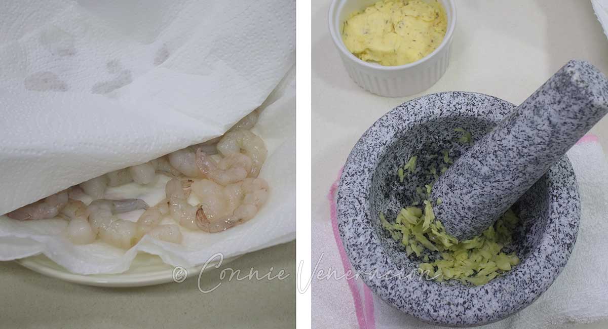 Drying shrimps with paper towels / crushing garlic