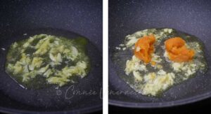 Sauteeing garlic and salted duck egg yolk paste in herb butter